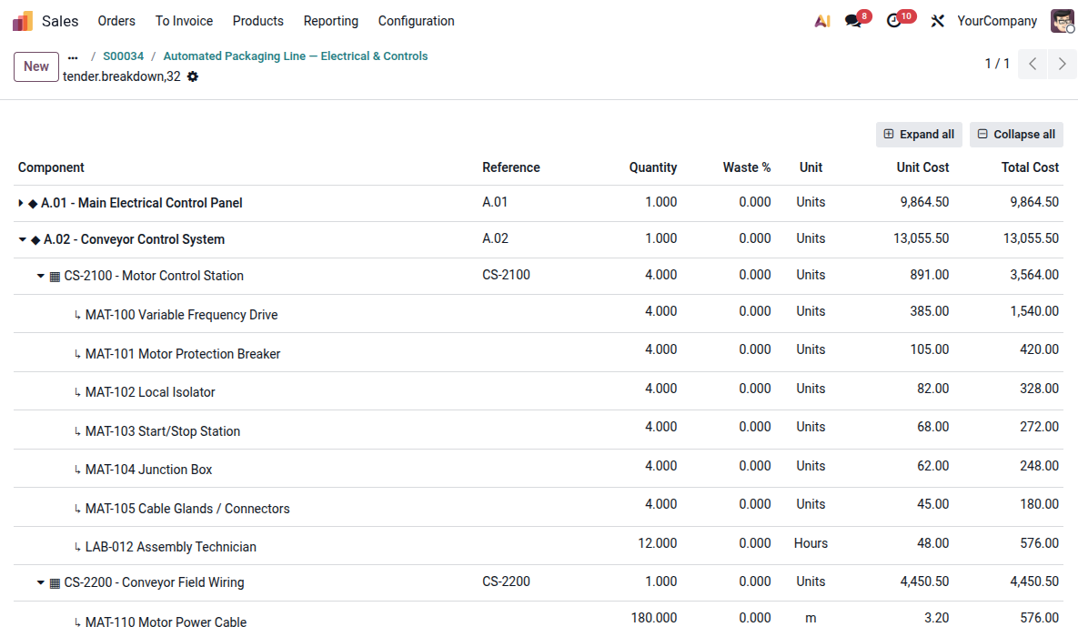 Nested tender cost breakdown in Odoo, showing a work package expanded into cost sheets, materials and labour lines